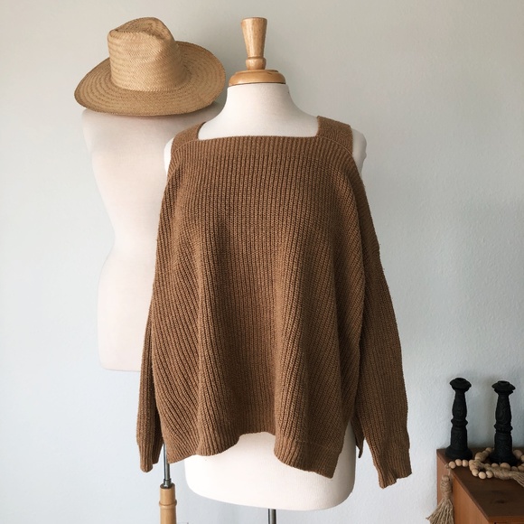 Sweaters - PEEPSHOULDER TAN KNIT OVERSIZED SWEATER
